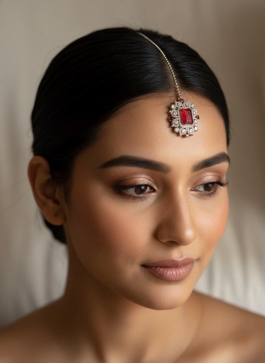 HANIA Ruby red doublet stone maangtika, Indian bridal jewelry