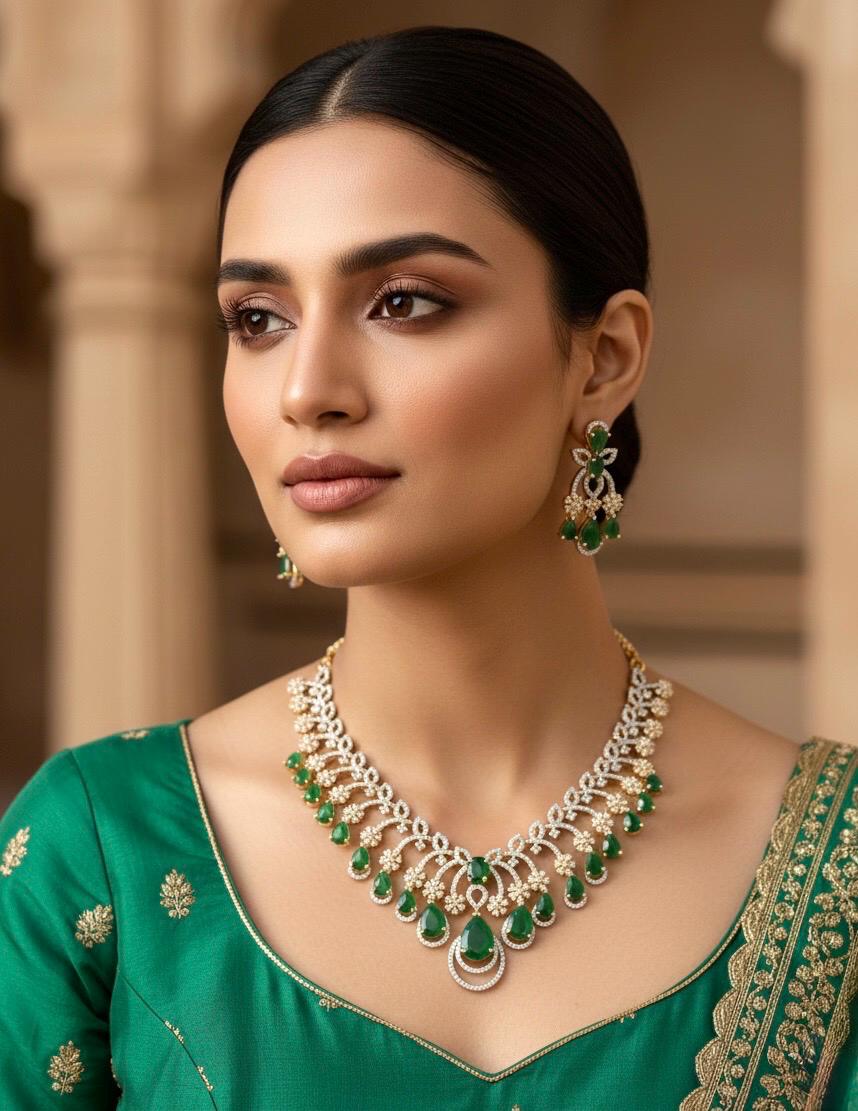 SANAM Real diamond look Emerald green cz zircom Necklace Set in golden polish /Pakistani bridal wedding jewelry,gold tone Indian jewellery