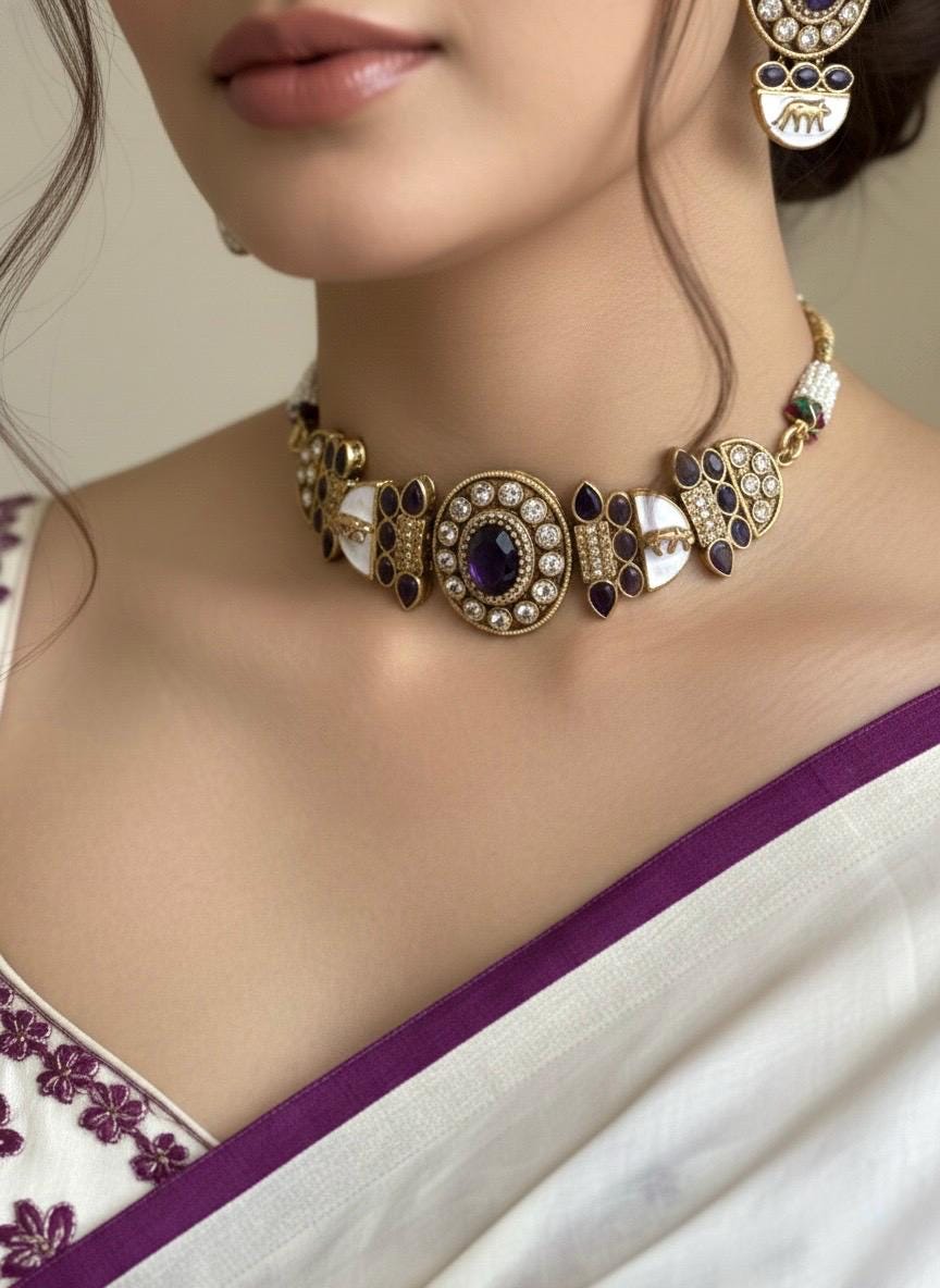 NIYA Sabyasachi inspired Purple kundan choker with Earrings, Indian Pakistani traditional wedding jewelry, purple colour necklace set