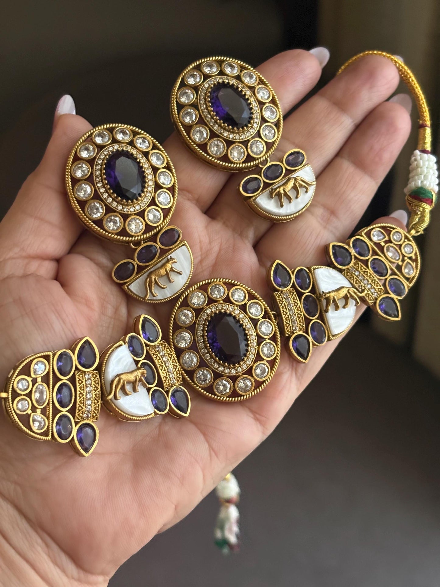 NIYA Sabyasachi inspired Purple kundan choker with Earrings, Indian Pakistani traditional wedding jewelry, purple colour necklace set