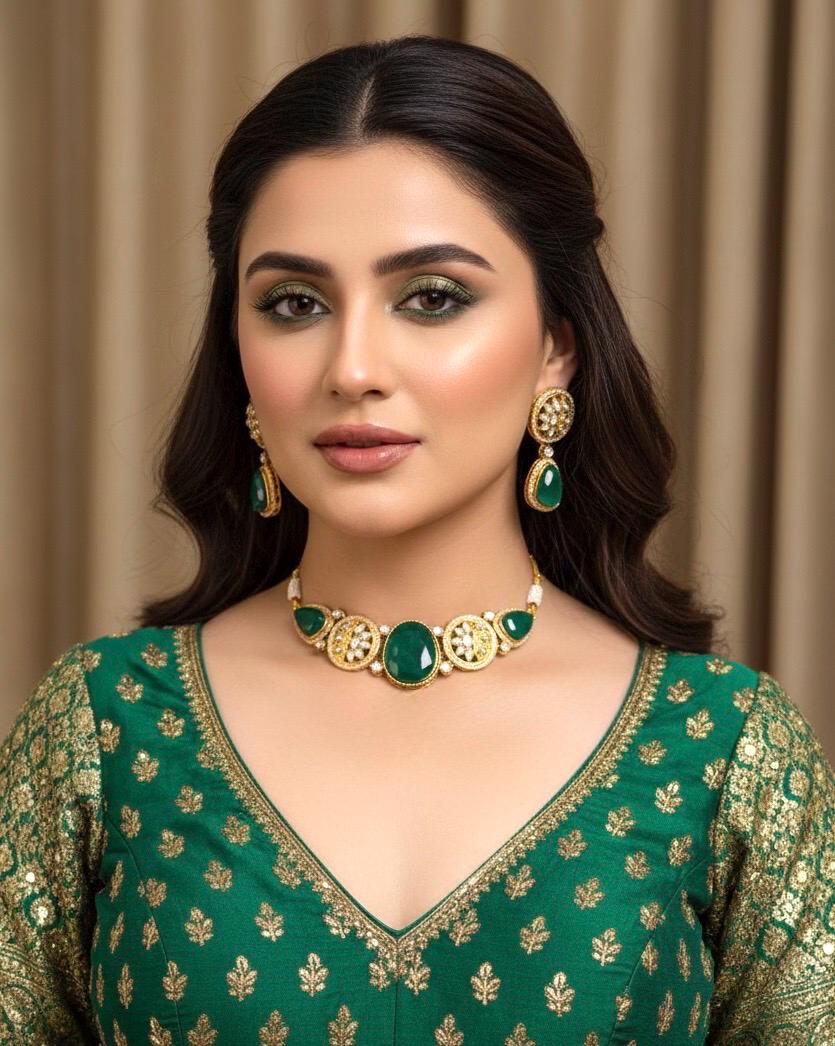 MEHA Green Doublet Stone Choker Necklace Set with Earrings,Indian Pakistani wedding jewelry