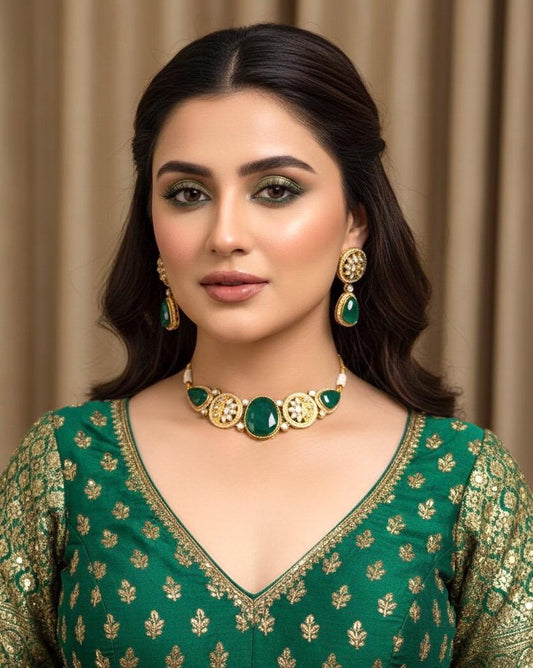 MEHA Green Doublet Stone Choker Necklace Set with Earrings,Indian Pakistani wedding jewelry