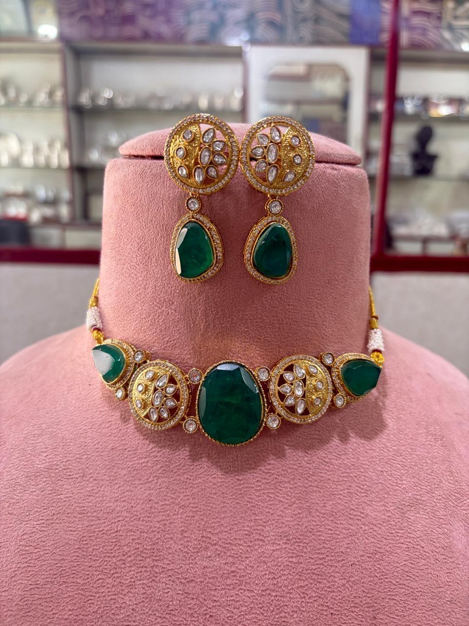 MEHA Green Doublet Stone Choker Necklace Set with Earrings,Indian Pakistani wedding jewelry