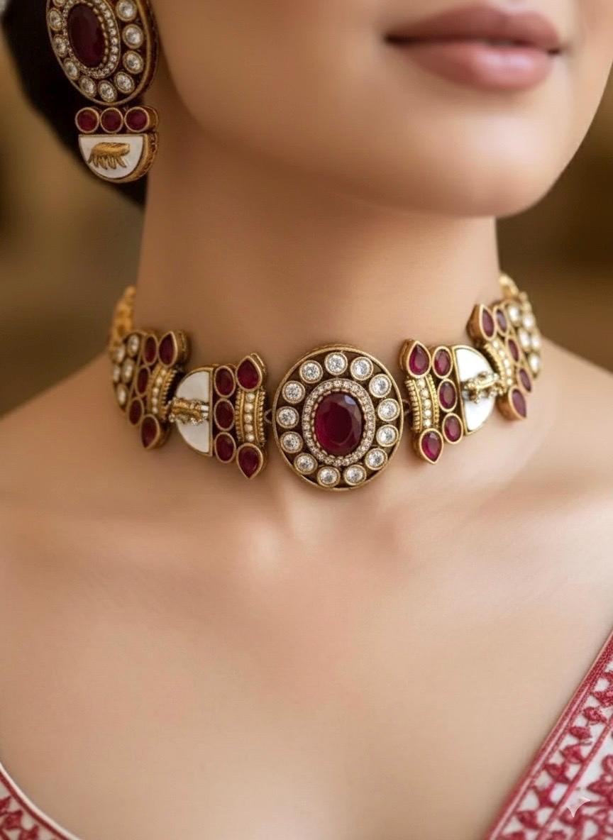 NIYA Sabyasachi inspired red kundan choker with Earrings, Indian Pakistani traditional wedding jewelry, red colour necklace set