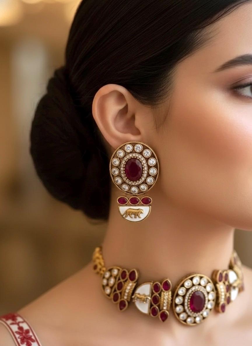 NIYA Sabyasachi inspired red kundan choker with Earrings, Indian Pakistani traditional wedding jewelry, red colour necklace set