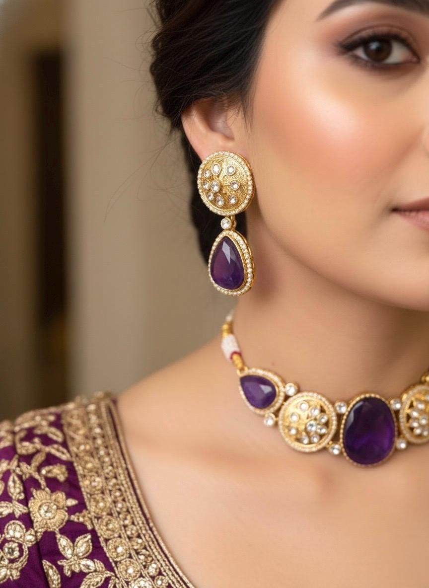 MEHA Purple Doublet Stone Choker Necklace Set with Earrings,Indian Pakistani wedding jewelry