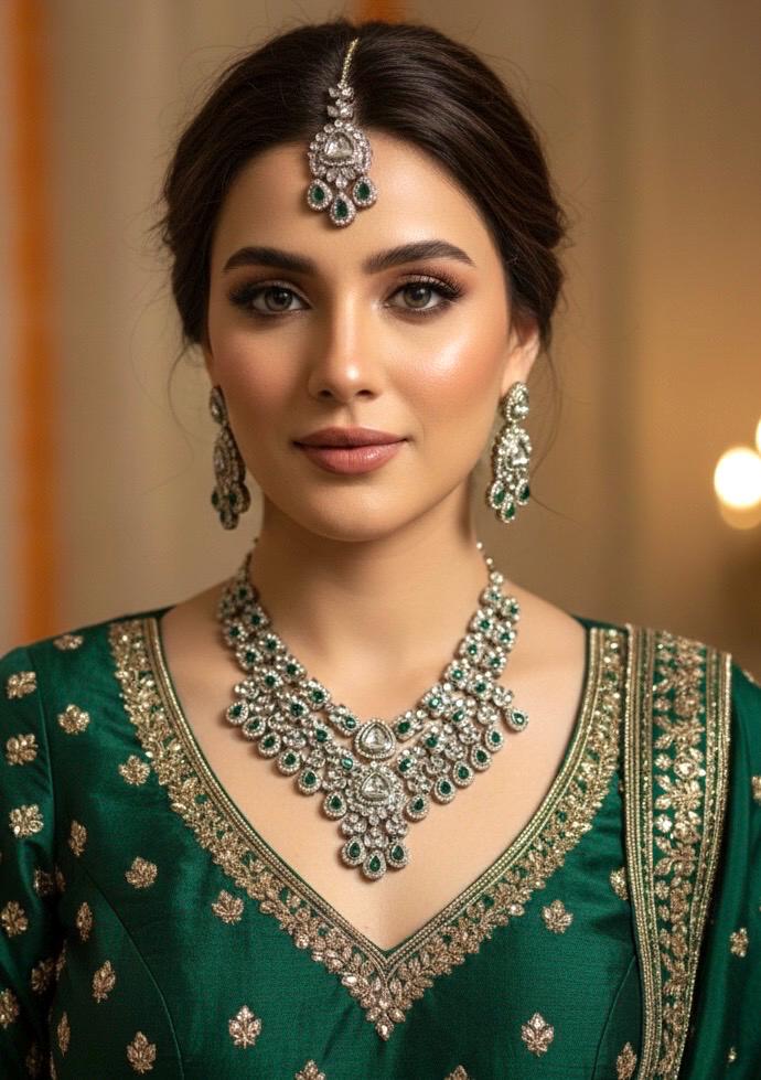 MEHRIN Green Kundan and reverse AD  necklace set with Maangtika, Indian Pakistani traditional wedding bridal jewelry