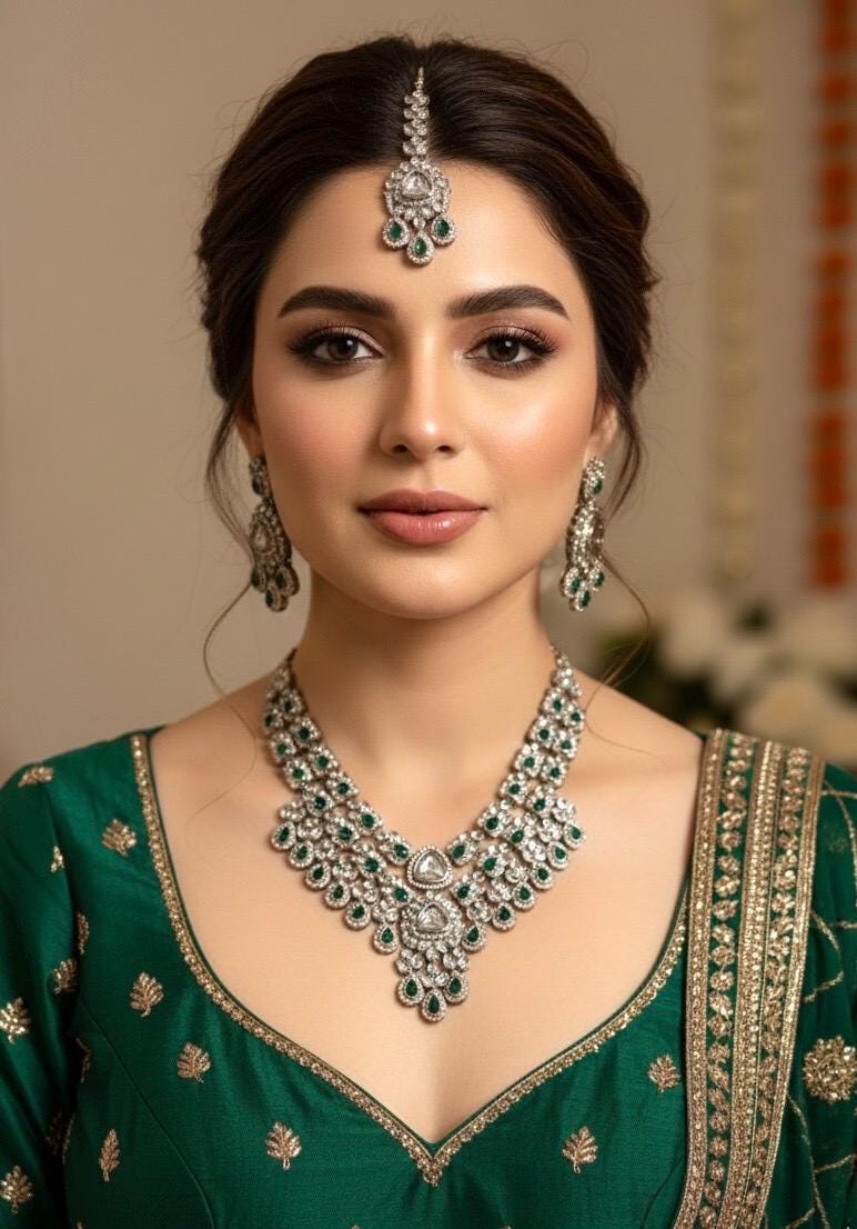 MEHRIN Green Kundan and reverse AD  necklace set with Maangtika, Indian Pakistani traditional wedding bridal jewelry