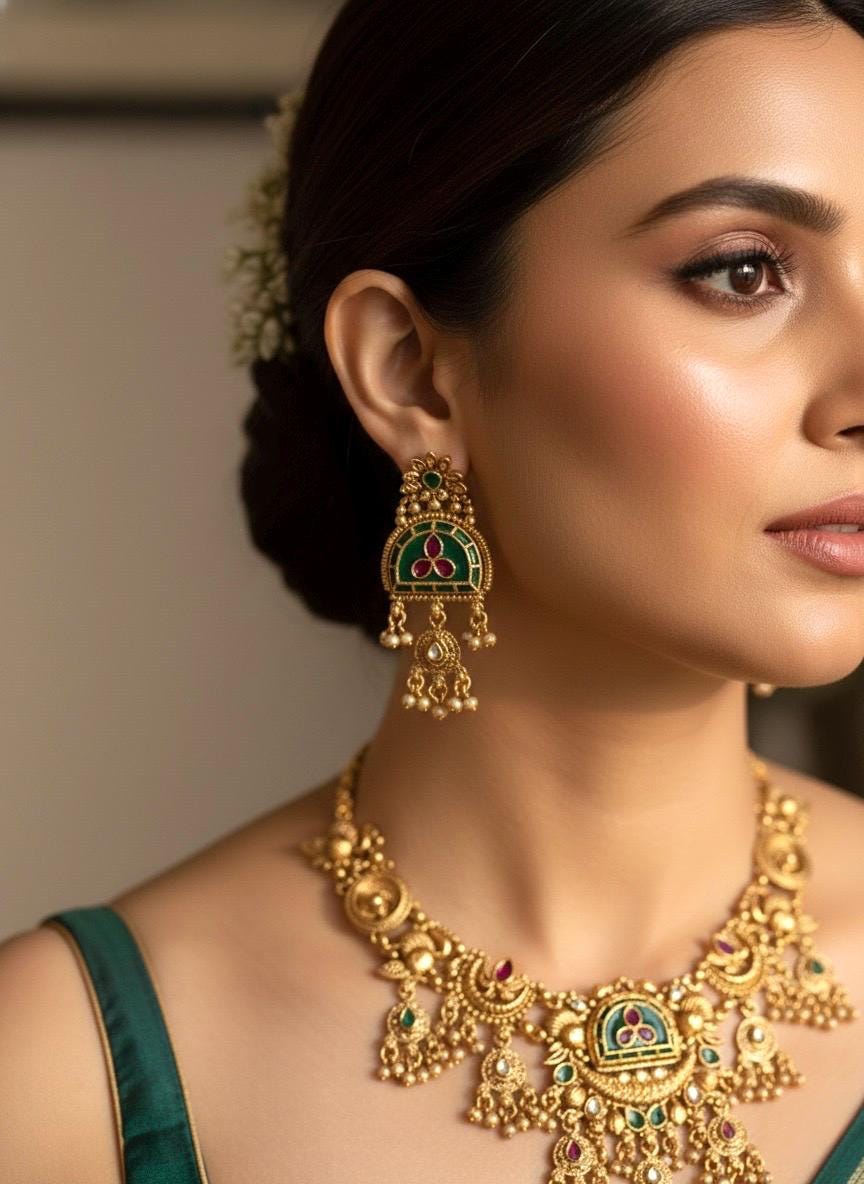 AARUNI Gold tone Heritage jewelry, Indian  matt golden South Indian temple jewelry, ethnic traditional necklace set