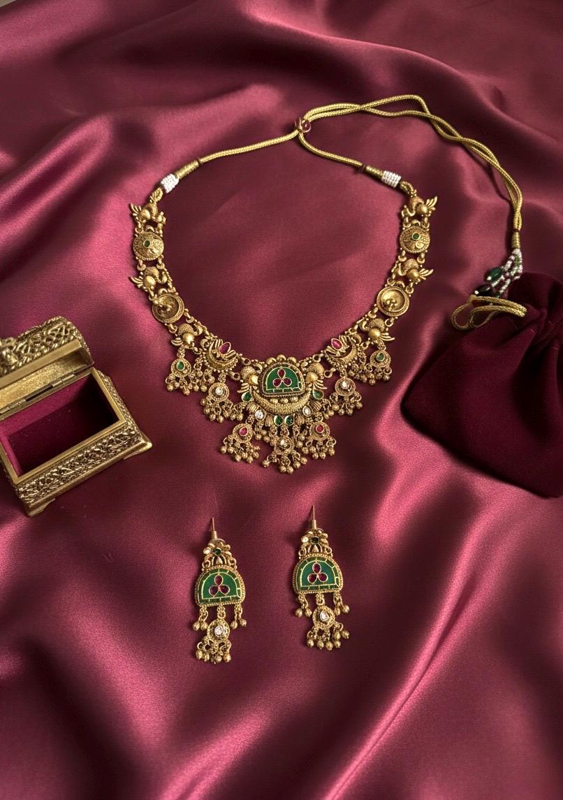 AARUNI Gold tone Heritage jewelry, Indian  matt golden South Indian temple jewelry, ethnic traditional necklace set