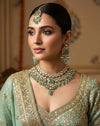 NOURIN  Mint Kundan necklace set with Maangtika, Indian Pakistani traditional light turquoise wedding bridal jewelry