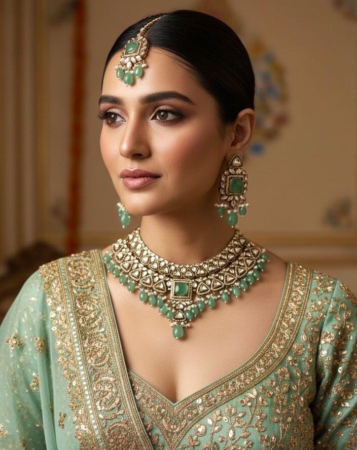 NOURIN  Mint Kundan necklace set with Maangtika, Indian Pakistani traditional light turquoise wedding bridal jewelry