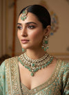 NOURIN  Mint Kundan necklace set with Maangtika, Indian Pakistani traditional light turquoise wedding bridal jewelry