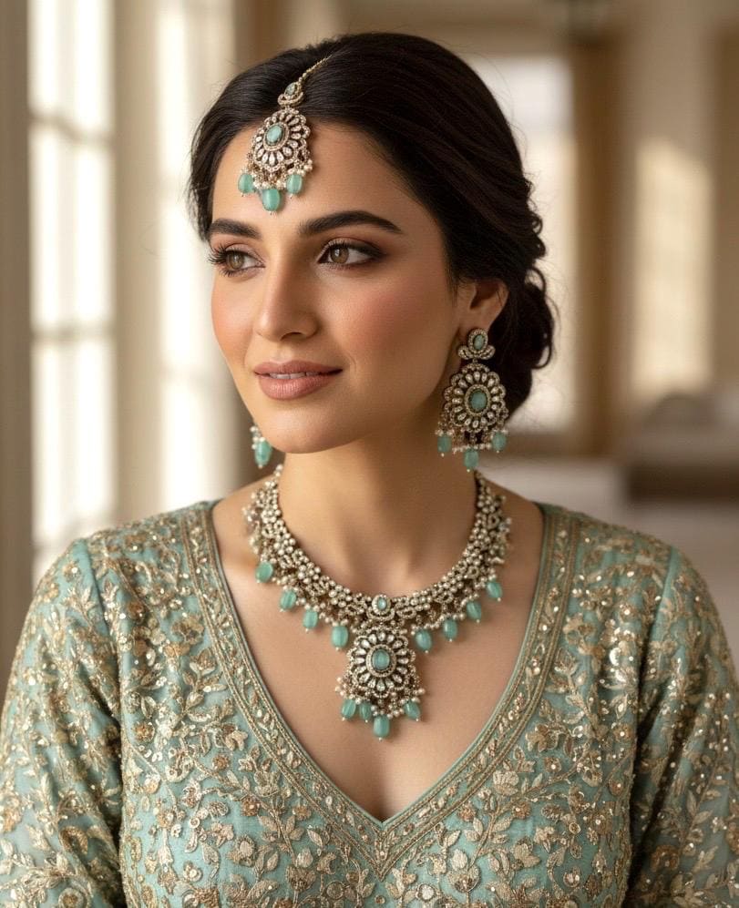 RAZIA Mint Kundan and cz zircon necklace earrings and maangtika,Indian Pakistani traditional jewelery in Victorian style