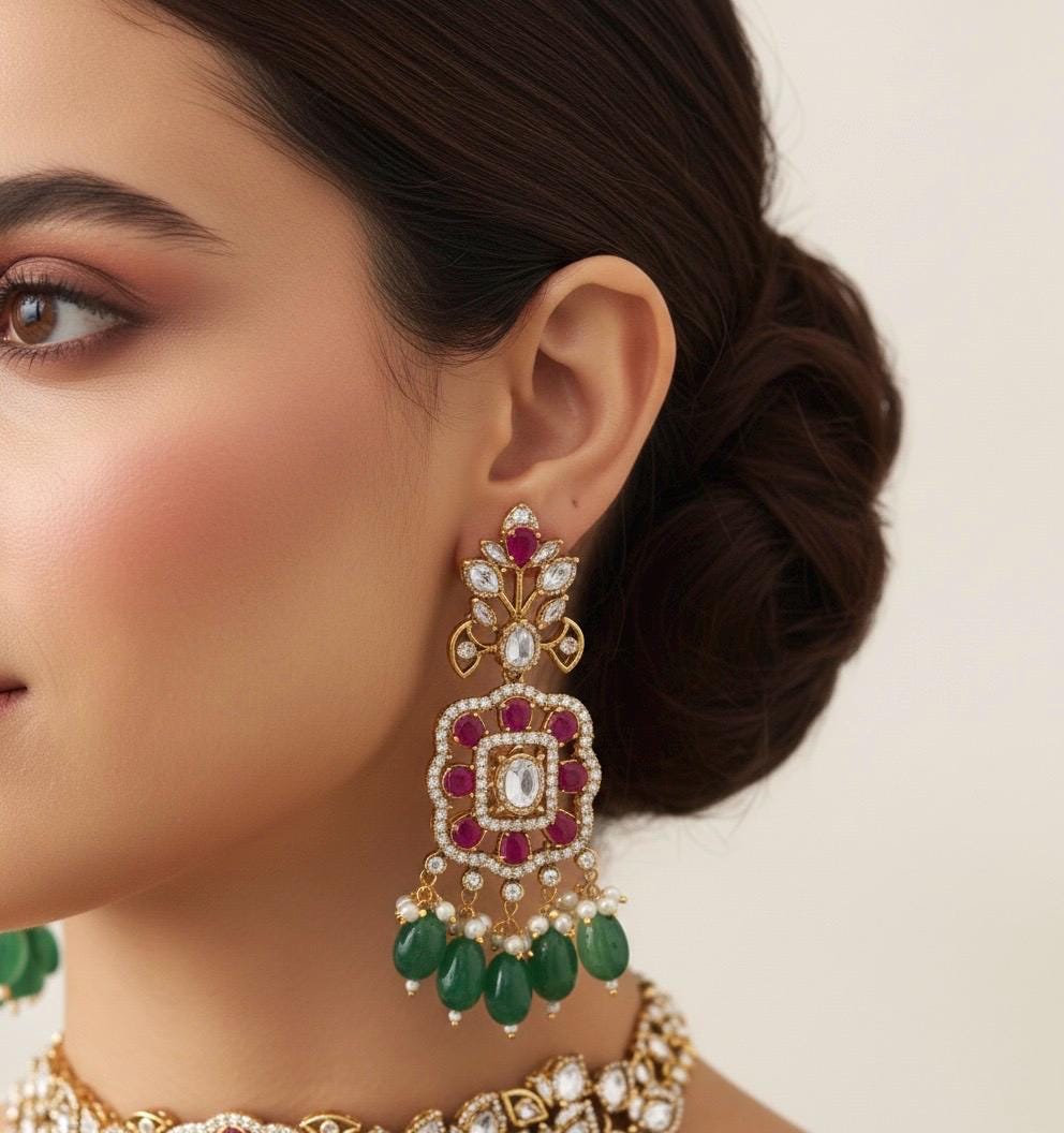 NARGIS Sabyasachi inspired premium quality polki and kundan Green ruby choker necklace with earrings ,Indian Pakistani wedding bridal jewelr