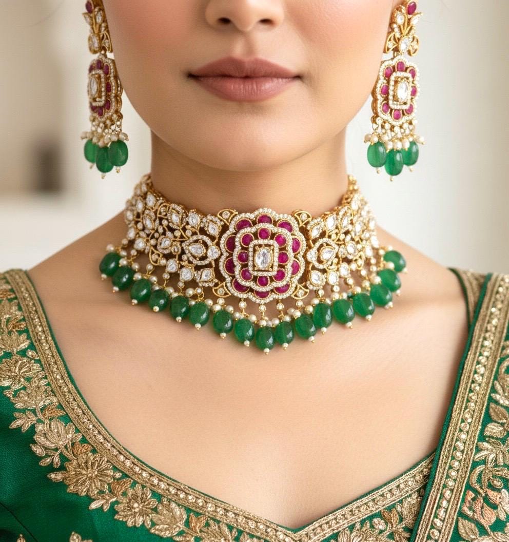 NARGIS Sabyasachi inspired premium quality polki and kundan Green ruby choker necklace with earrings ,Indian Pakistani wedding bridal jewelr