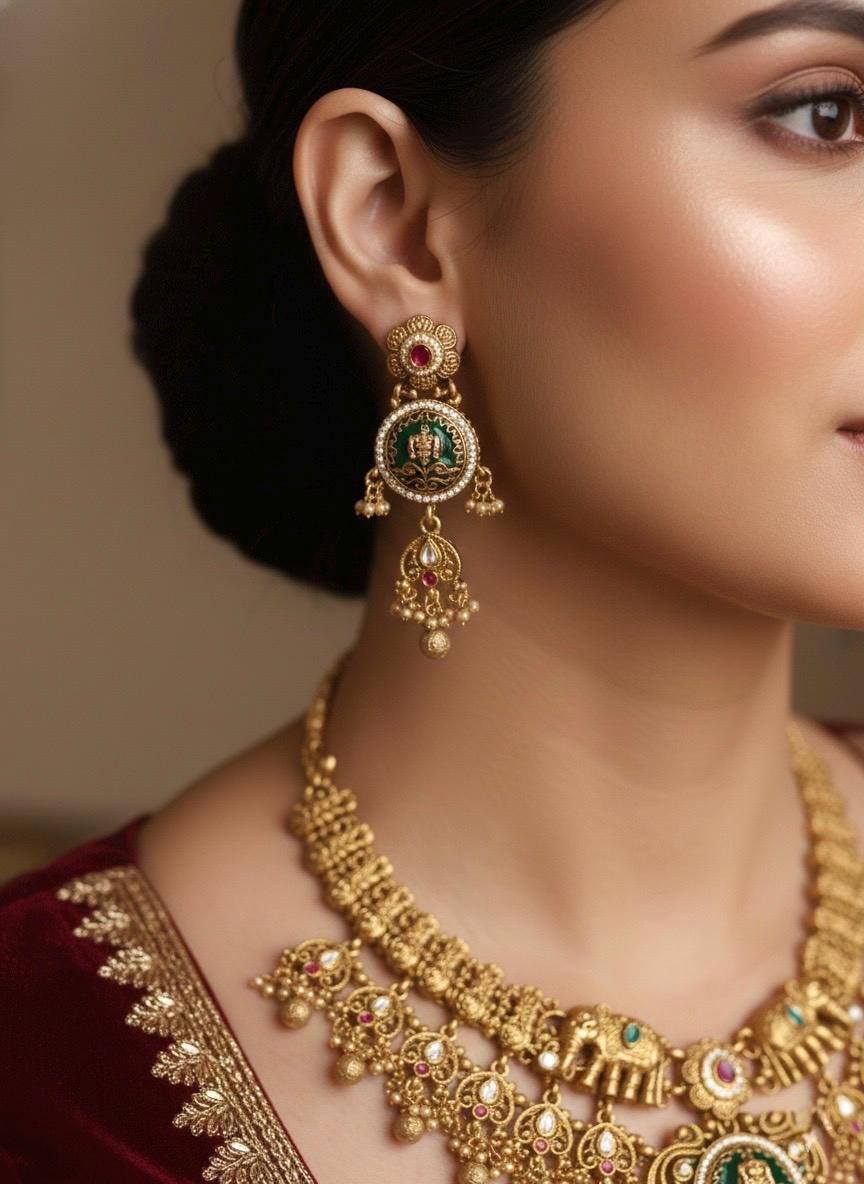 KAVERI Gold tone Heritage jewelry, Indian  matt golden South Indian temple jewelry, ethnic traditional necklace set