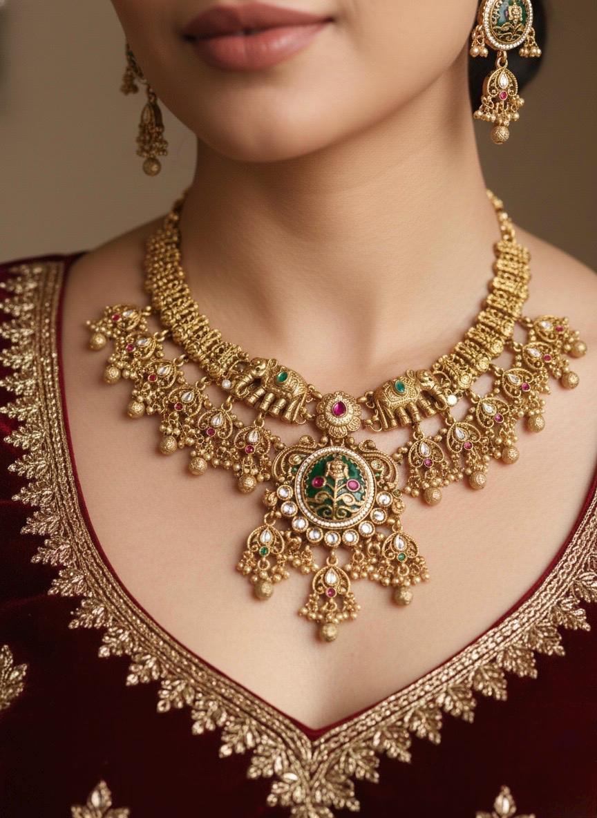 KAVERI Gold tone Heritage jewelry, Indian  matt golden South Indian temple jewelry, ethnic traditional necklace set