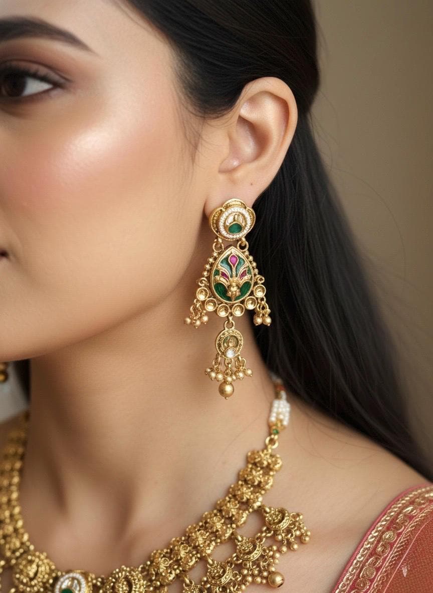 IDIKA Gold tone Heritage jewelry, Indian  matt golden South Indian temple jewelry, ethnic traditional necklace set