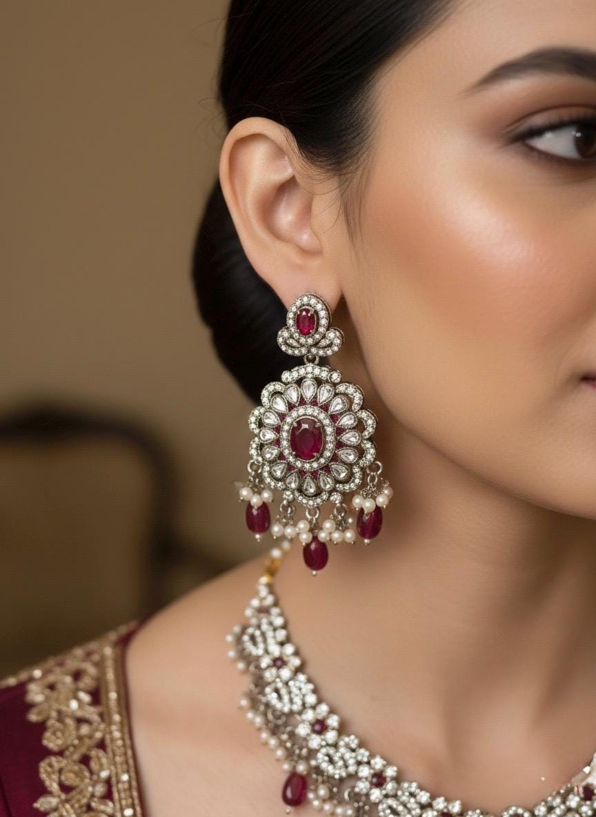 RAZIA Ruby Kundan and cz zircon necklace earrings and maangtika,Indian Pakistani traditional jewelery in Victorian style