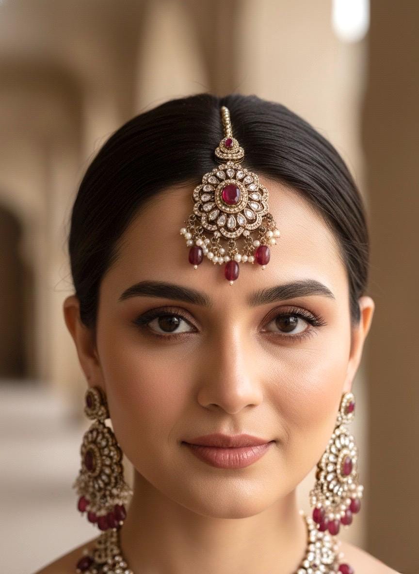 RAZIA Ruby Kundan and cz zircon necklace earrings and maangtika,Indian Pakistani traditional jewelery in Victorian style