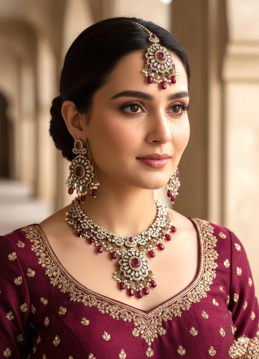 RAZIA Ruby Kundan and cz zircon necklace earrings and maangtika,Indian Pakistani traditional jewelery in Victorian style