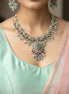 RAZIA Mint pink Kundan and cz zircon necklace earrings and maangtika,Indian Pakistani traditional jewelery in Victorian style