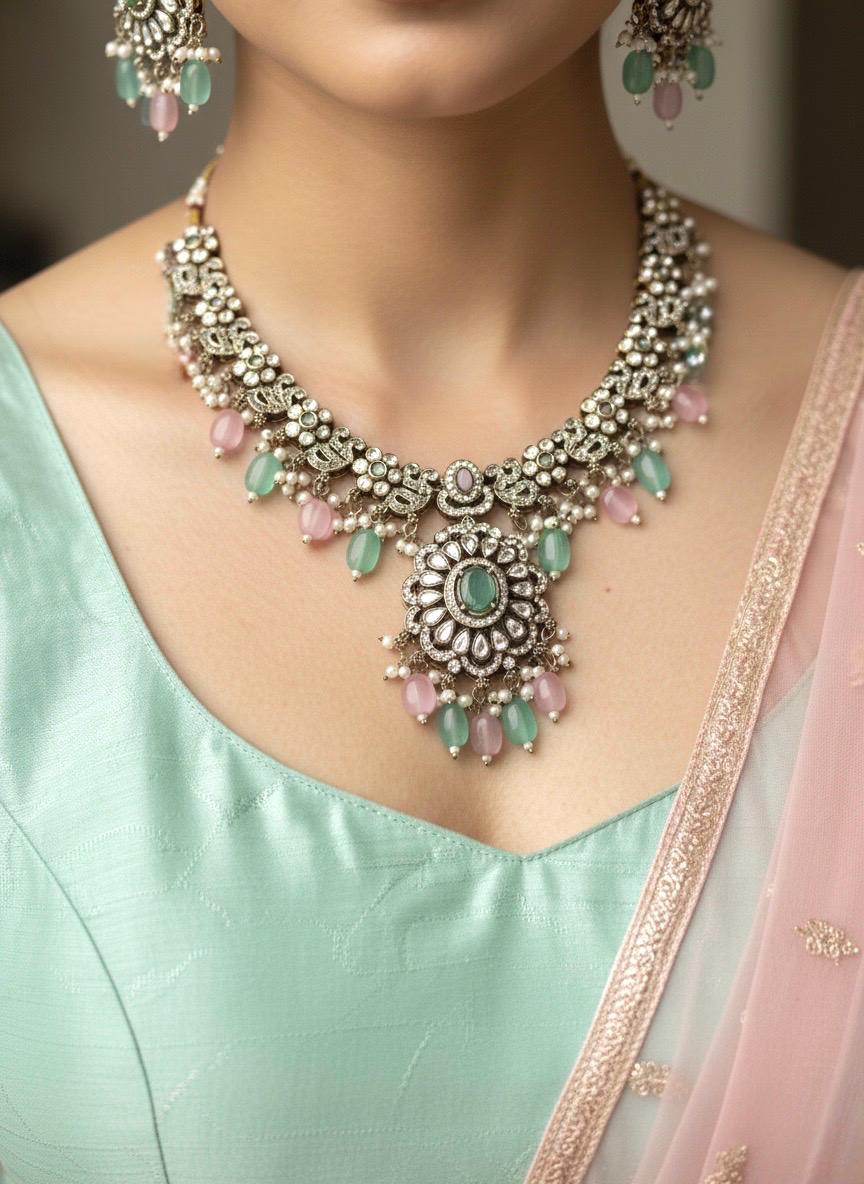 RAZIA Mint pink Kundan and cz zircon necklace earrings and maangtika,Indian Pakistani traditional jewelery in Victorian style
