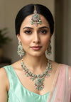 RAZIA Mint pink Kundan and cz zircon necklace earrings and maangtika,Indian Pakistani traditional jewelery in Victorian style