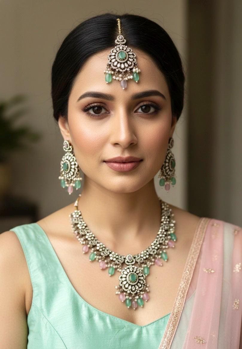 RAZIA Mint pink Kundan and cz zircon necklace earrings and maangtika,Indian Pakistani traditional jewelery in Victorian style