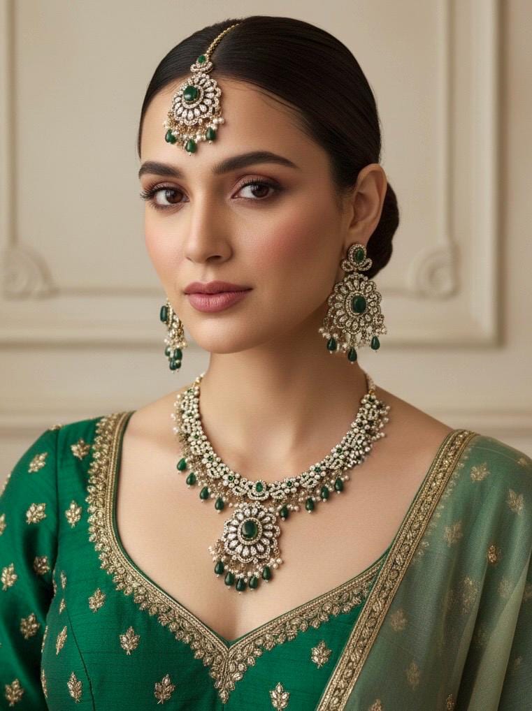 RAZIA Green Kundan and cz zircon necklace earrings and maangtika,Indian Pakistani traditional jewelery in Victorian style
