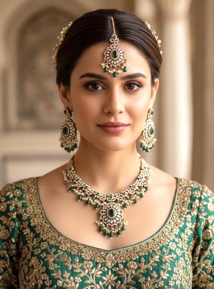 RAZIA Green Kundan and cz zircon necklace earrings and maangtika,Indian Pakistani traditional jewelery in Victorian style