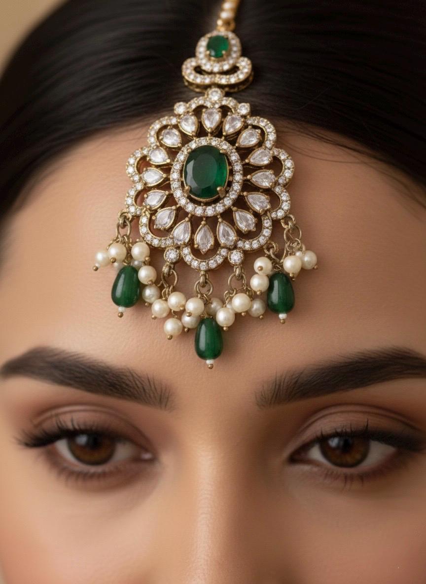 RAZIA Green Kundan and cz zircon necklace earrings and maangtika,Indian Pakistani traditional jewelery in Victorian style