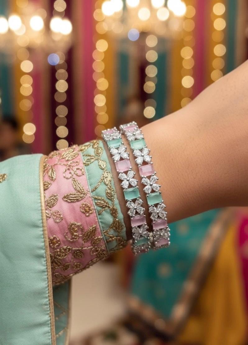SIMI American diamond bangle set in mint pink stones, AD bangle set,cz zircon ,bridal,indian bangles,pakistani bangles, mint green pink