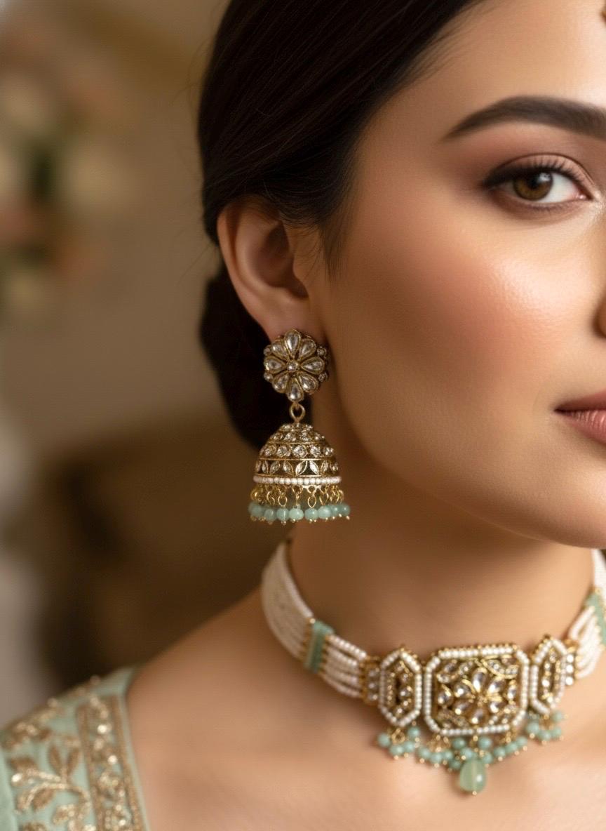 SHUBHI Mint colour kundan choker Necklace set with maangtika , Indian Pakistani wedding jewelry, mint colour traditional jewelry