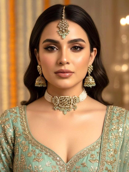 SHUBHI Mint colour kundan choker Necklace set with maangtika , Indian Pakistani wedding jewelry, mint colour traditional jewelry