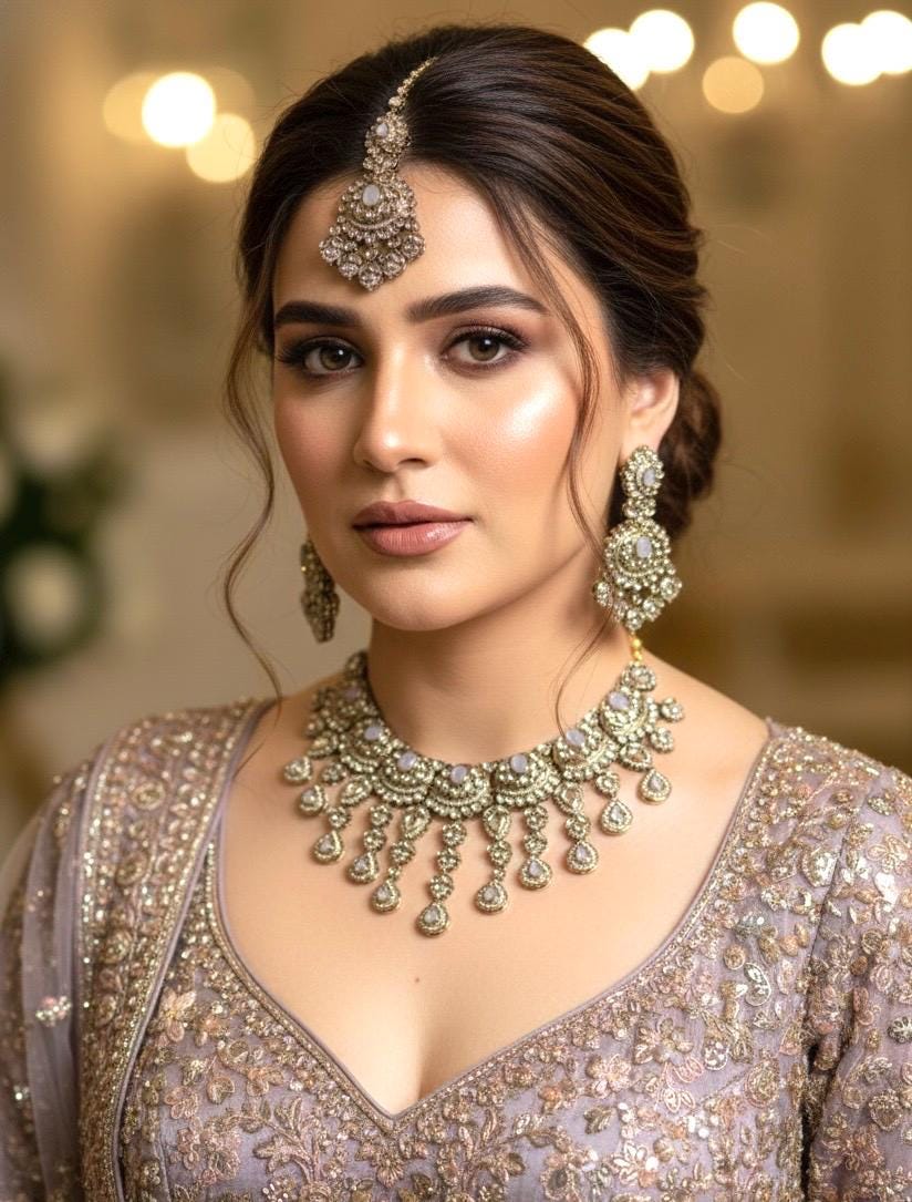 FRIDA Lavender grey Kundan necklace set with Maangtika, Indian Pakistani traditional wedding bridal jewelry