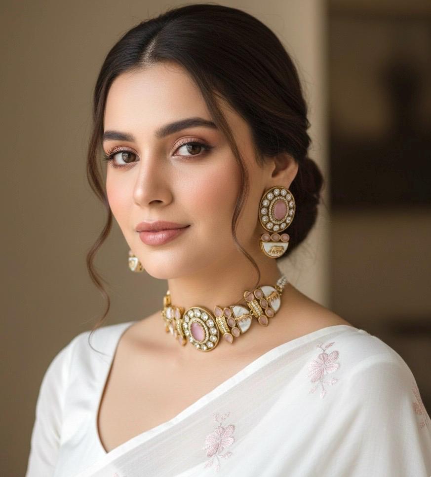 NIYA Sabyasachi inspired  pink kundan choker with Earrings, Indian Pakistani traditional wedding jewelry,  pink colour necklace set