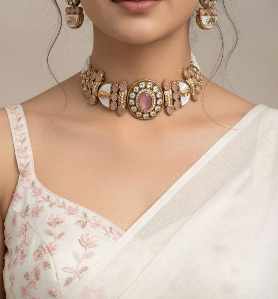 NIYA Sabyasachi inspired  pink kundan choker with Earrings, Indian Pakistani traditional wedding jewelry,  pink colour necklace set