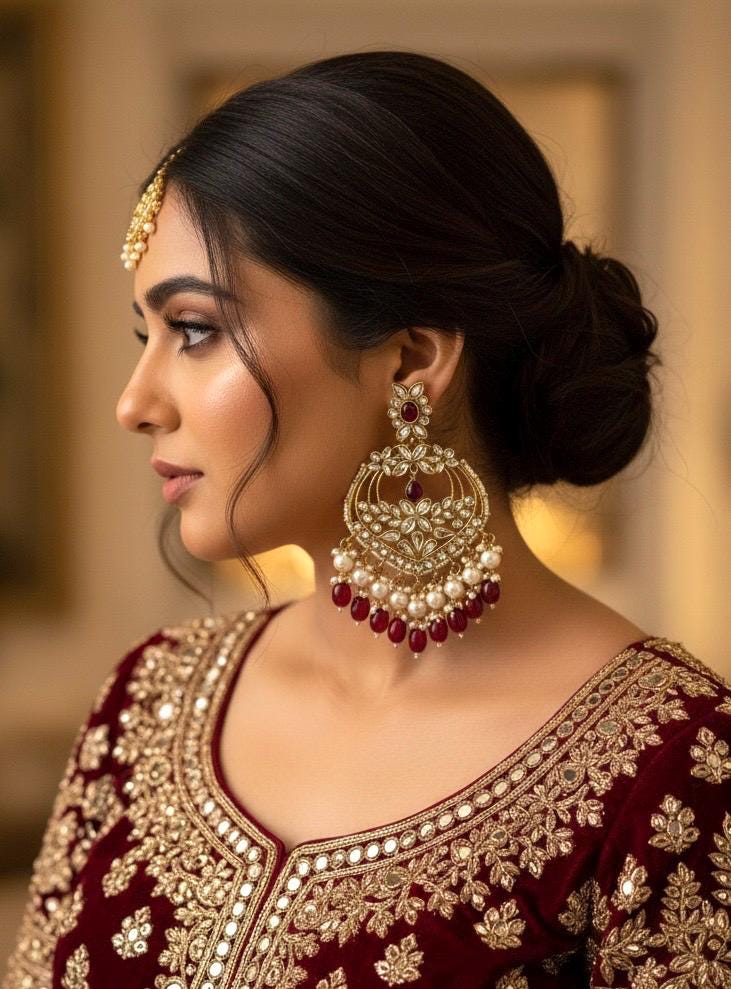 LIA Ruby maroon Royal Kundan chandbali earrings in golden tone, Indian traditional Earrings,Pakistani Wedding bridal Jewelry