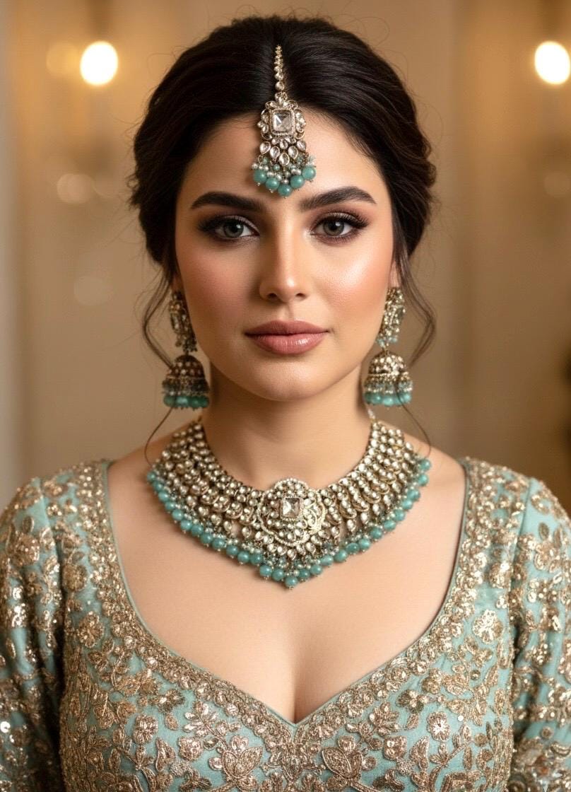 TANJINA Mint and golden cz Kundan choker necklace set with maangtika, Indian Pakistani wedding bridal jewelry