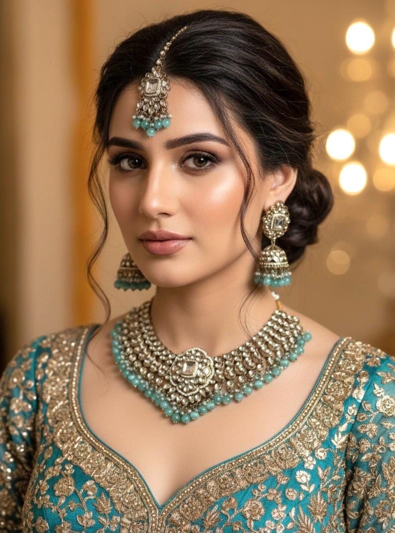 TANJINA Mint and golden cz Kundan choker necklace set with maangtika, Indian Pakistani wedding bridal jewelry