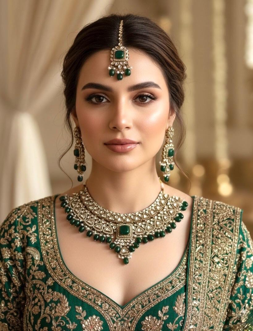 NOURIN Green Kundan necklace set with Maangtika, Indian Pakistani traditional green colour wedding bridal jewelry
