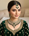 NOURIN Green Kundan necklace set with Maangtika, Indian Pakistani traditional green colour wedding bridal jewelry