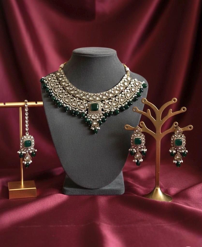 NOURIN Green Kundan necklace set with Maangtika, Indian Pakistani traditional green colour wedding bridal jewelry