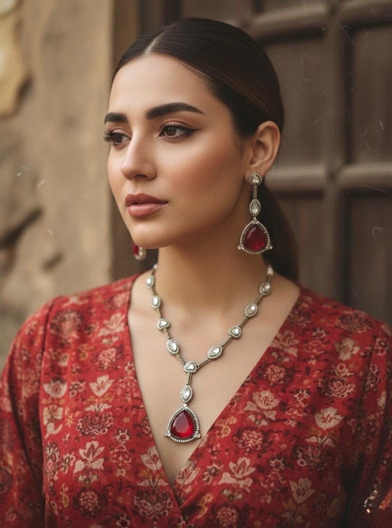 HIBA Ruby red doublet stone Necklace Set in Victorian Style
