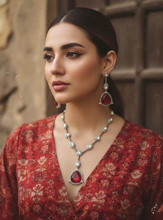HIBA Ruby red doublet stone Necklace Set in Victorian Style