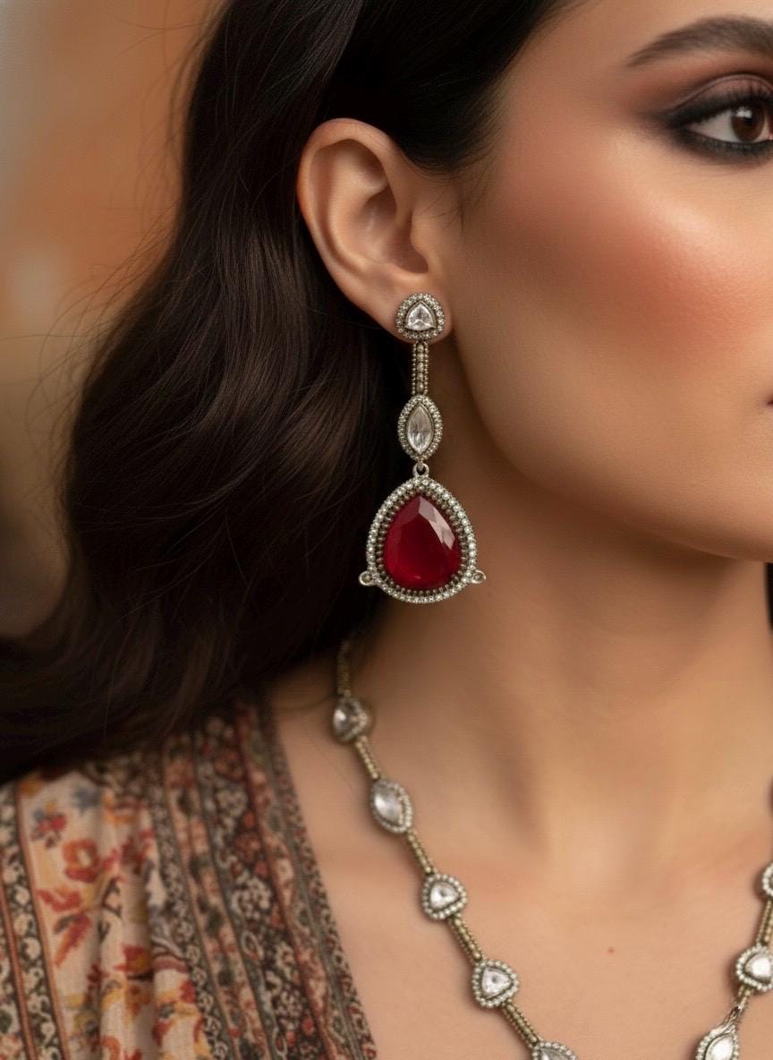 HIBA Ruby red doublet stone Necklace Set in Victorian Style