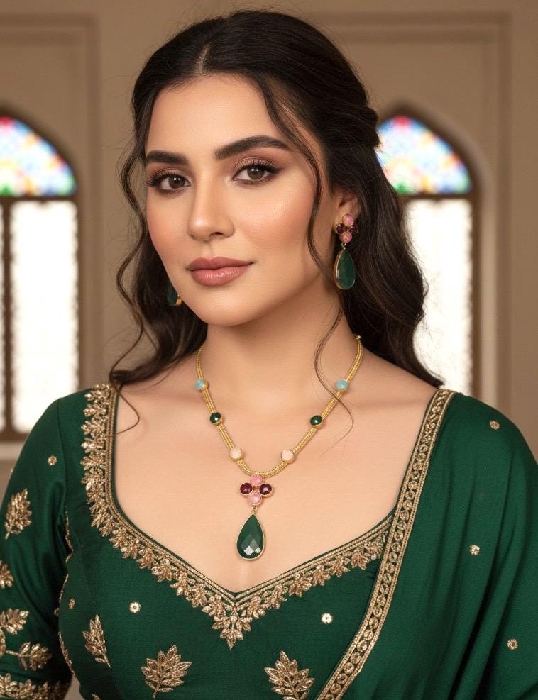 EKA Multicoloured Victorian style  necklace set and earrings ,Indo western fusion jewelry
