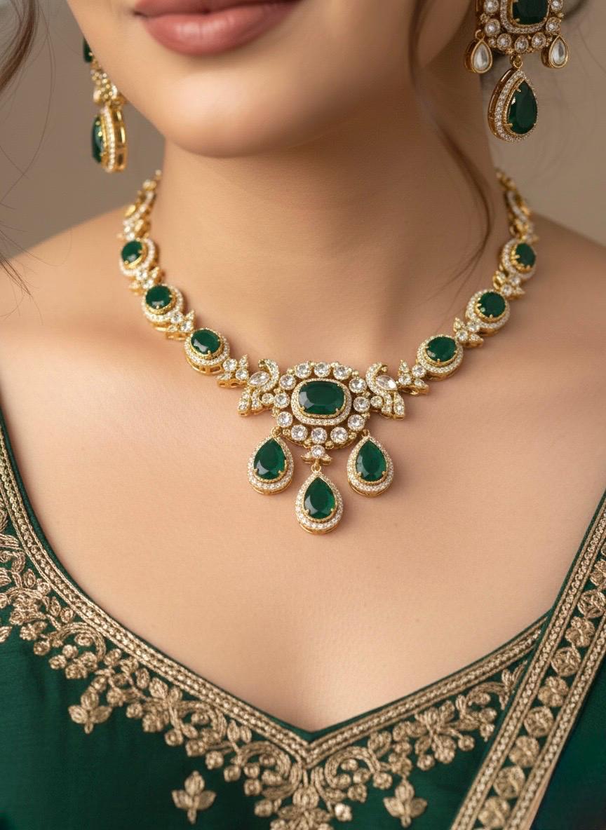 KETAKI Green Necklace and earrings set, Indian Pakistani traditional jewelry, green colour Kundan set